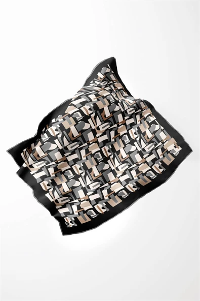 Twill Geometrik Desenli Bej - Gri Renkli 90x90 Eşarp (İpek İçermez) Dikim Şekli : El Dikişi - Resim 3