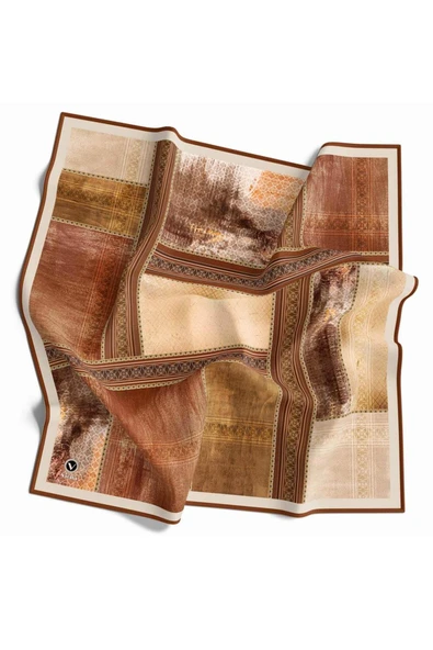 Twill Dokulu Ve Geometrik Desenli Taba Renkli 90x90 Eşarp (İpek İçermez) Dikim Şekli : El Dikişi - Resim 2