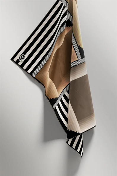 Twill Geometrik Desenli Bej Renkli 90x90 Eşarp (İpek İçermez) Kenar Dikiş Şekli El Dikişli - Resim 5