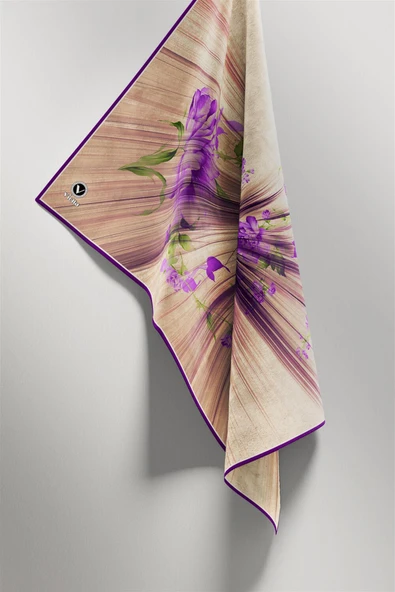 Twill Çiçekli Desenli Mor Renkli 90x90 Eşarp (İpek İçermez) Kenar Dikiş Şekli El Dikişli - Resim 4
