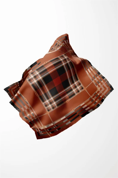 Twill Kemerli ve Ekose Desenli Taba Renkli 90x90 Eşarp (İpek İçermez)Kenar Dikiş Şekli El Dikişli - Resim 5