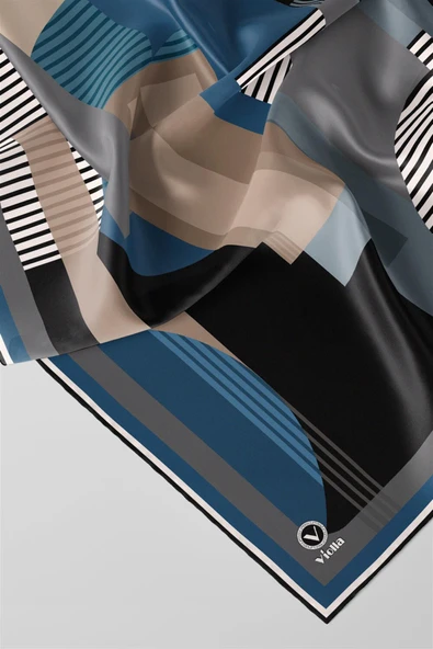 Twill Çizgili Ve Geometrik Desenli  Petrol Mavisi Renkli 90x90 Eşarp (İpek İçermez) Kenar Dikiş Şekli El Dikişli - Resim 2