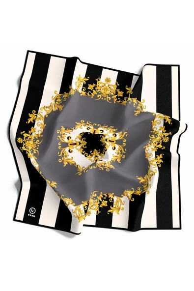 Twill Çizgili Barok Desenli Gri Renkli 90x90 Eşarp (İpek İçermez) Kenar Dikiş Şekli El Dikişli - Resim 2