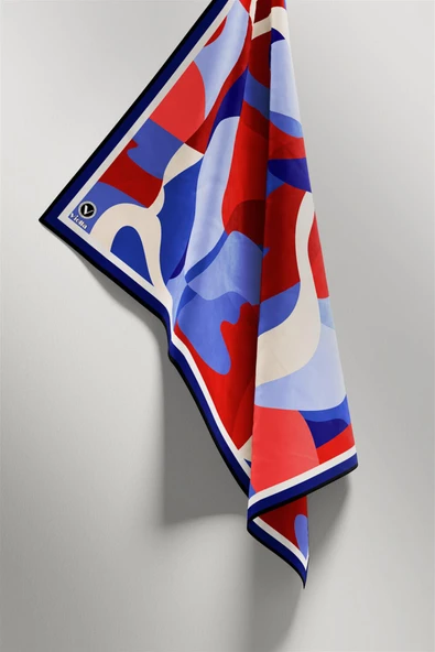 Twill Sulu Boyalı Çiçek Desenli Lacivert - Kırmızı Renkli 90x90 Eşarp (İpek İçermez) Dikim Şekli : El Dikişi - Resim 4