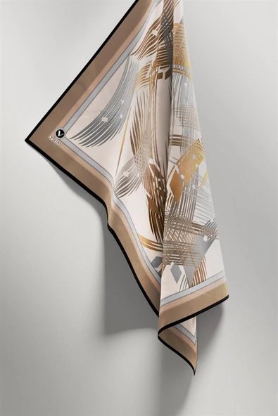 Twill Geometrik Desenli Bej Renkli 90x90 Eşarp (İpek İçermez) Kenar Dikiş Şekli El Dikişli - Resim 4