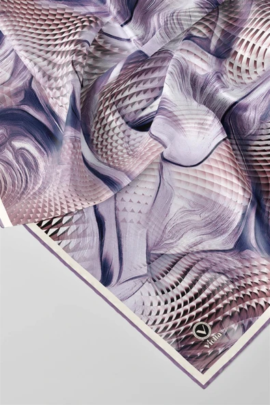 Twill Geometrik Ve Dalga Desenli Mor Renkli 90x90 Eşarp (İpek İçermez) Dikim Şekli : El Dikişi - Resim 2