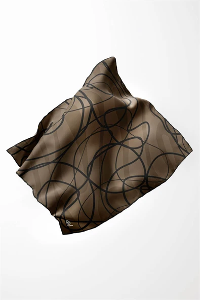 Twill Karışık Çizgi Desenli Vizon Renkli 90x90 Eşarp (İpek İçermez) Kenar Dikiş Şekli El Dikişli - Resim 3