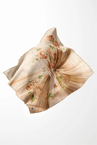 Twill Çiçekli Desenli Hardal Renkli 90x90 Eşarp (İpek İçermez) Kenar Dikiş Şekli El Dikişli - Resim 3