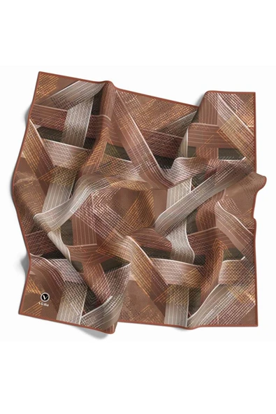 Twill Dokulu Geometrik Desenli Bakır Renkli 90x90 Eşarp (İpek İçermez) Kenar Dikiş Şekli El Dikişli - Resim 2