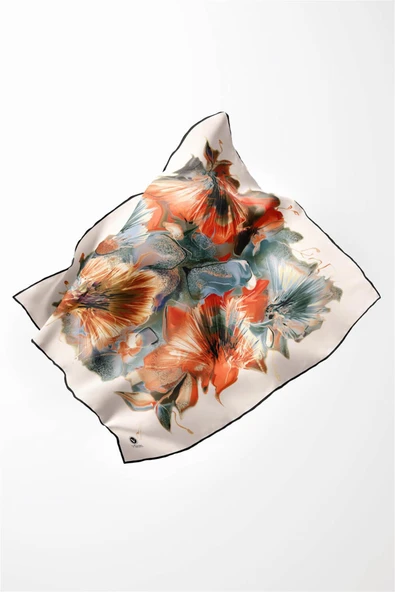 Twill Çiçek Desenli Turuncu Renkli 90x90 Eşarp (İpek İçermez) Kenar Dikiş Şekli El Dikişli - Resim 3