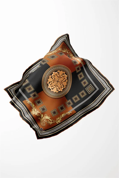 Twill Barok Desenli Taba Renkli 90x90 Eşarp (İpek İçermez) Kenar Dikiş Şekli El Dikişli - Resim 3