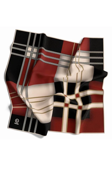 Twill Geometrik Desenli Siyah - Bordo Renkli 90x90 Eşarp (İpek İçermez) Kenar Dikiş Şekli El Dikişli - Resim 2