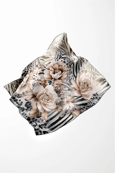 Twill Renkli Şerit Desenli Gri Renkli 90x90 Eşarp (İpek İçermez) Kenar Dikiş Şekli El Dikişli - Resim 3