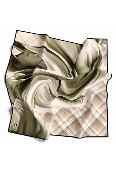 Twill Dalga ve Ekose Desenli Haki Yeşili Renkli 90x90 Eşarp (İpek İçermez)Kenar Dikiş Şekli El Dikişli ürün görseli