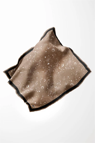 Twill Galaksi Desenli Bej Renkli 90x90 Eşarp (İpek İçermez) Kenar Dikiş Şekli El Dikişli - Resim 4