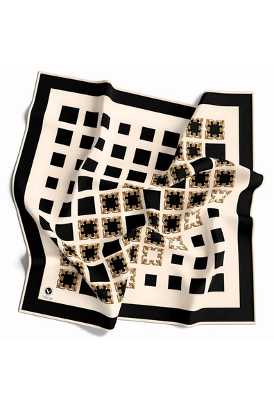 Twill Gold Detaylı Kare Desenli Siyah - Krem Renkli 90x90 Eşarp (İpek İçermez) Kenar Dikiş Şekli El Dikişli - Resim 2