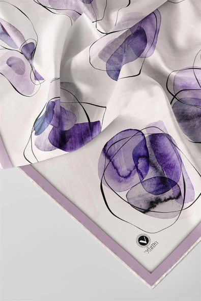 Twill Sulu Boya Geometrik Desenli Lila Renkli 90x90 Eşarp (İpek İçermez) Kenar Dikiş Şekli El Dikişli - Resim 2