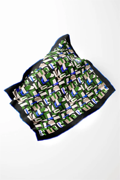 Twill Geometrik Desenli Zümrüt Yeşili - Saks Renkli 90x90 Eşarp (İpek İçermez) Dikim Şekli : El Dikişi - Resim 3