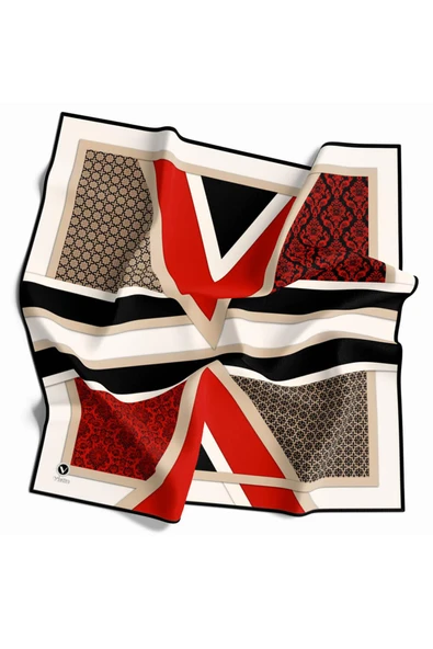 Twill Geometrik Barok Desenli Kırmızı - Siyah Renkli 90x90 Eşarp (İpek İçermez) Kenar Dikiş Şekli El Dikişli - Resim 2