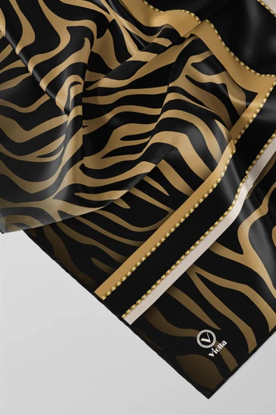 Twill Zebra Desenli Siyah - Gold Renkli 90x90 Eşarp (İpek İçermez) Dikim Şekli : El Dikişi - Resim 2