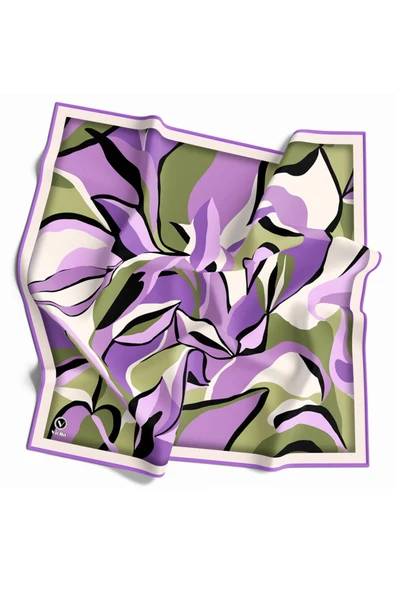 Twilll Büyük Yaprak Desenli Mor - Haki Renkli 90x90 Eşarp (İpek İçermez) Kenar Dikiş Şekli El Dikişli ürün görseli 1