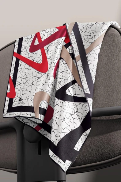 %100 Twill İpek Geometrik Ve Çatlak Desenli Bordo - Siyah Renkli 90x90 Eşarp Dikim Şekli : El Dikişi - Resim 4