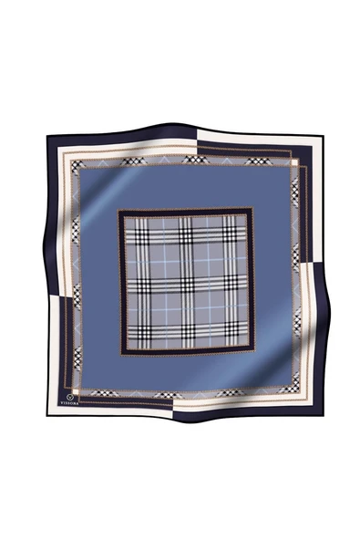 %100 Twill İpek Ekose Desenli İndigo Renkli 90x90 Eşarp Dikim Şekli : El Dikişi - Resim 2