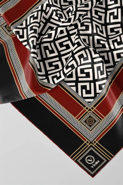 Twill Antik Desenli Bordo Renkli 90x90 Eşarp (İpek İçermez) Kenar Dikiş Şekli El Dikişli - Resim 2