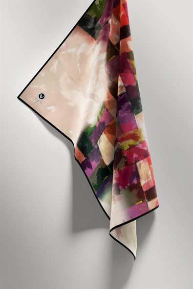 Twill Yağlı Boya Desenli Mor Renkli 90x90 Eşarp (İpek İçermez) Kenar Dikiş Şekli El Dikişli - Resim 5