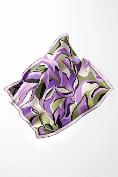 Twilll Büyük Yaprak Desenli Mor - Haki Renkli 90x90 Eşarp (İpek İçermez) Kenar Dikiş Şekli El Dikişli - Resim 3