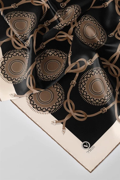 Twill Kemerli Ve Geometrik Desenli Bej Renkli 90x90 Eşarp (İpek İçermez) Kenar Dikiş Şekli El Dikişli - Resim 5