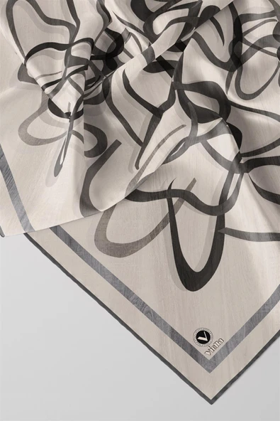 Twill Çizgili Geometrik Desenli Gri Renkli 90x90 Eşarp (İpek İçermez) Kenar Dikiş Şekli El Dikişli - Resim 2