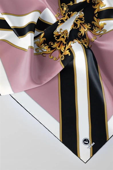 Twill Barok Desenli Pudra - Siyah Renkli 90x90 Dikim Şekli : El Dikişi Eşarp (İpek İçermez) - Resim 5