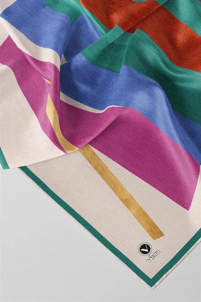 Twill Geometrik Desenli Petrol Yeşili Renkli 90x90 Eşarp (İpek İçermez) Kenar Dikiş Şekli El Dikişli - Resim 2