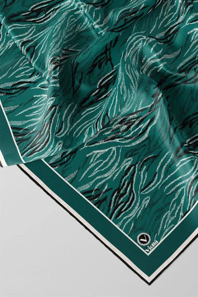 Twill Soyut Çizgi Desenli Petrol Yeşili Renkli 90x90 Eşarp (İpek İçermez) Kenar Dikiş Şekli El Dikişli - Resim 2