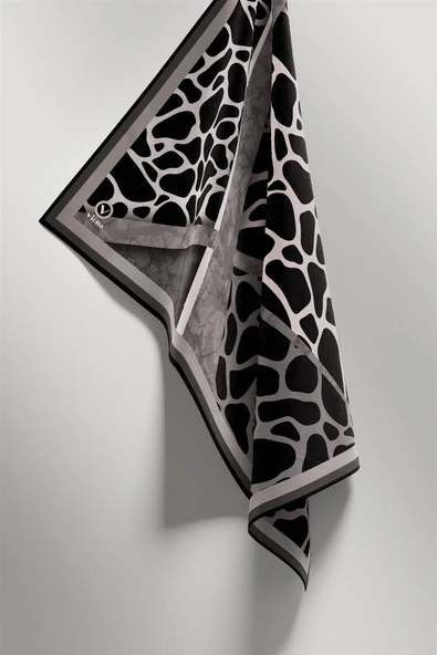 Twill Taş Desenli Gri Renkli 90x90 Eşarp (İpek İçermez)Kenar Dikiş Şekli El Dikişli - Resim 5