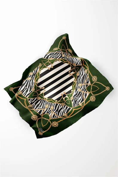Twill Gold Detaylı Zebra Desenli Zümrüt Yeşili Renkli 90x90 Eşarp (İpek İçermez) Kenar Dikiş Şekli El Dikişli - Resim 3
