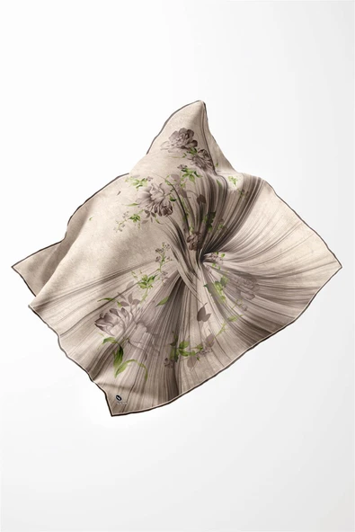Twill Çiçekli Desenli Taş Renkli 90x90 Eşarp (İpek İçermez) Kenar Dikiş Şekli El Dikişli - Resim 3