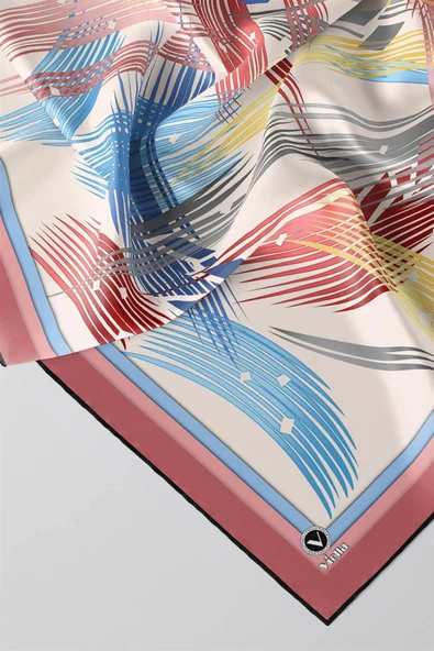 Twill Geometrik Desenli Pudra Renkli 90x90 Eşarp (İpek İçermez) Kenar Dikiş Şekli El Dikişli - Resim 2