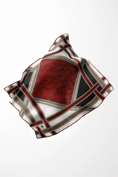 Twill Bordür Taş Desenli Bordo Renkli 90x90 Eşarp (İpek İçermez) Kenar Dikiş Şekli El Dikişli - Resim 4