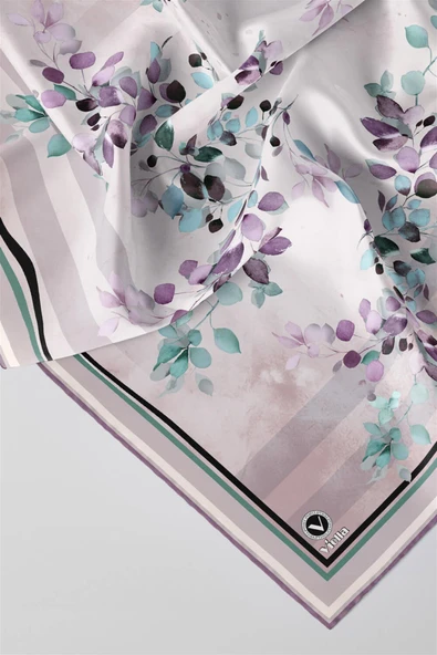 Twill Çiçek Desenli Lila Renkli 90x90 Eşarp (İpek İçermez) Kenar Dikiş Şekli El Dikişli - Resim 3