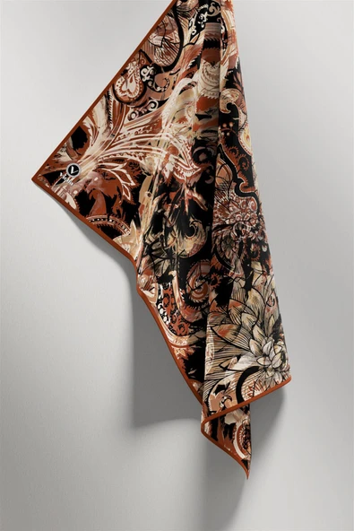 Twill Şal Desenli Taba Renkli 90x90 Eşarp (İpek İçermez) Kenar Dikiş Şekli El Dikişli - Resim 4