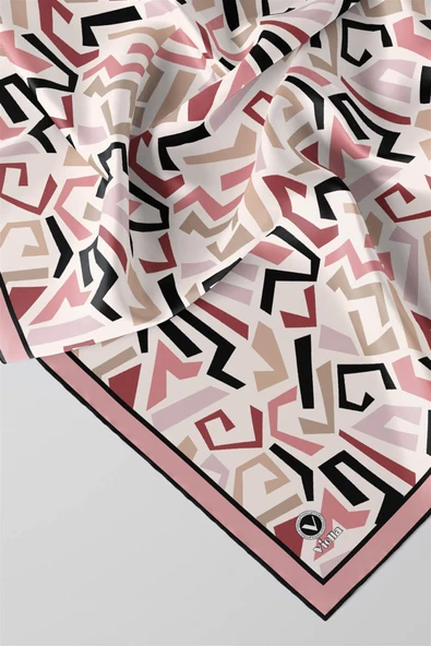 Twill Geometrik Desenli Pudra Renkli 90x90 Eşarp (İpek İçermez) Kenar Dikiş Şekli El Dikişli - Resim 2