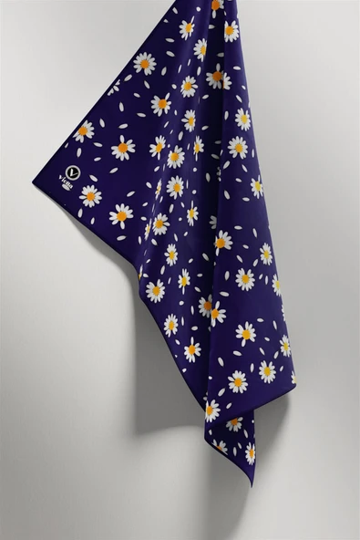 Twill Papatya Desenli Lacivert Renkli 90x90 Eşarp (İpek İçermez) Kenar Dikiş Şekli El Dikişli - Resim 4