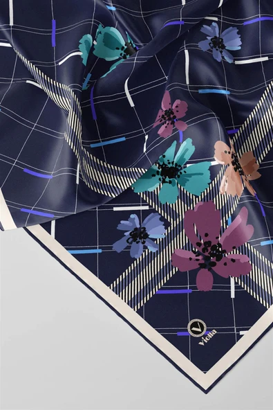 Twill Papatya Desenli İndigo Renkli 90x90 Eşarp (İpek İçermez) Kenar Dikiş Şekli El Dikişli - Resim 3