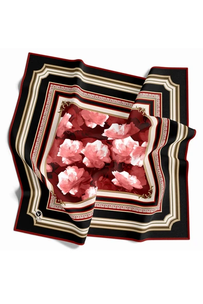 Rayon Çerçeveli Gül Desenli Kırmızı Renkli 90x90 Dikim Şekli : El Dikişi Eşarp (İpek İçermez) Kenar Dikiş Şekli El Dikişli - Resim 2