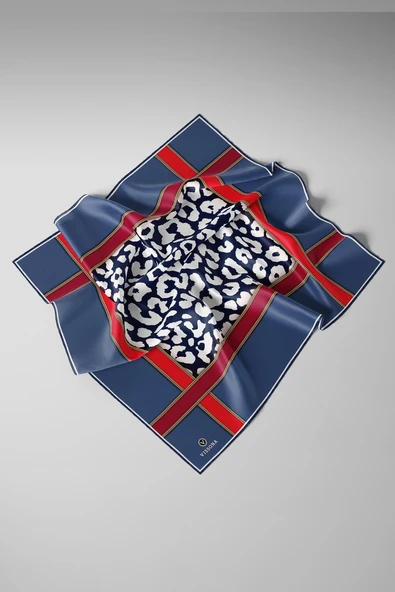 %100 Twill İpek Leopar Desenli İndigo - Kırmızı Renkli 90x90 Eşarp Dikim Şekli : El Dikişi - Resim 3