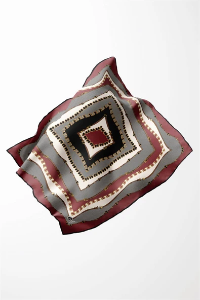 Twill Bordürlü ve Zincir Desenli Gül Kurusu Renkli 90x90 Eşarp (İpek İçermez) Kenar Dikiş Şekli El Dikişli - Resim 3