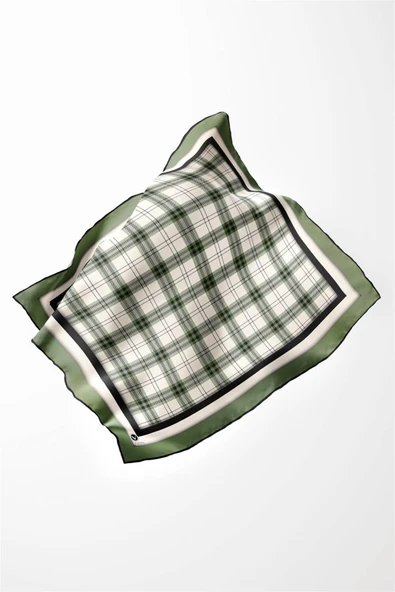 Twill Ekose Desenli Mint Yeşili Renkli 90x90 Eşarp (İpek İçermez) Kenar Dikiş Şekli El Dikişli - Resim 3