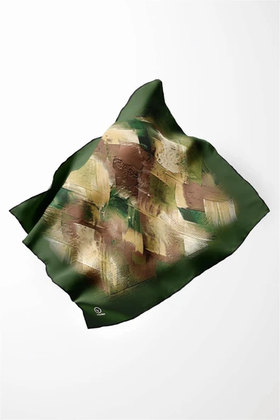 Twill Fırça Efektli Desenli Zümrüt Yeşili Renkli 90x90 Eşarp (İpek İçermez) Kenar Dikiş Şekli El Dikişli - Resim 3